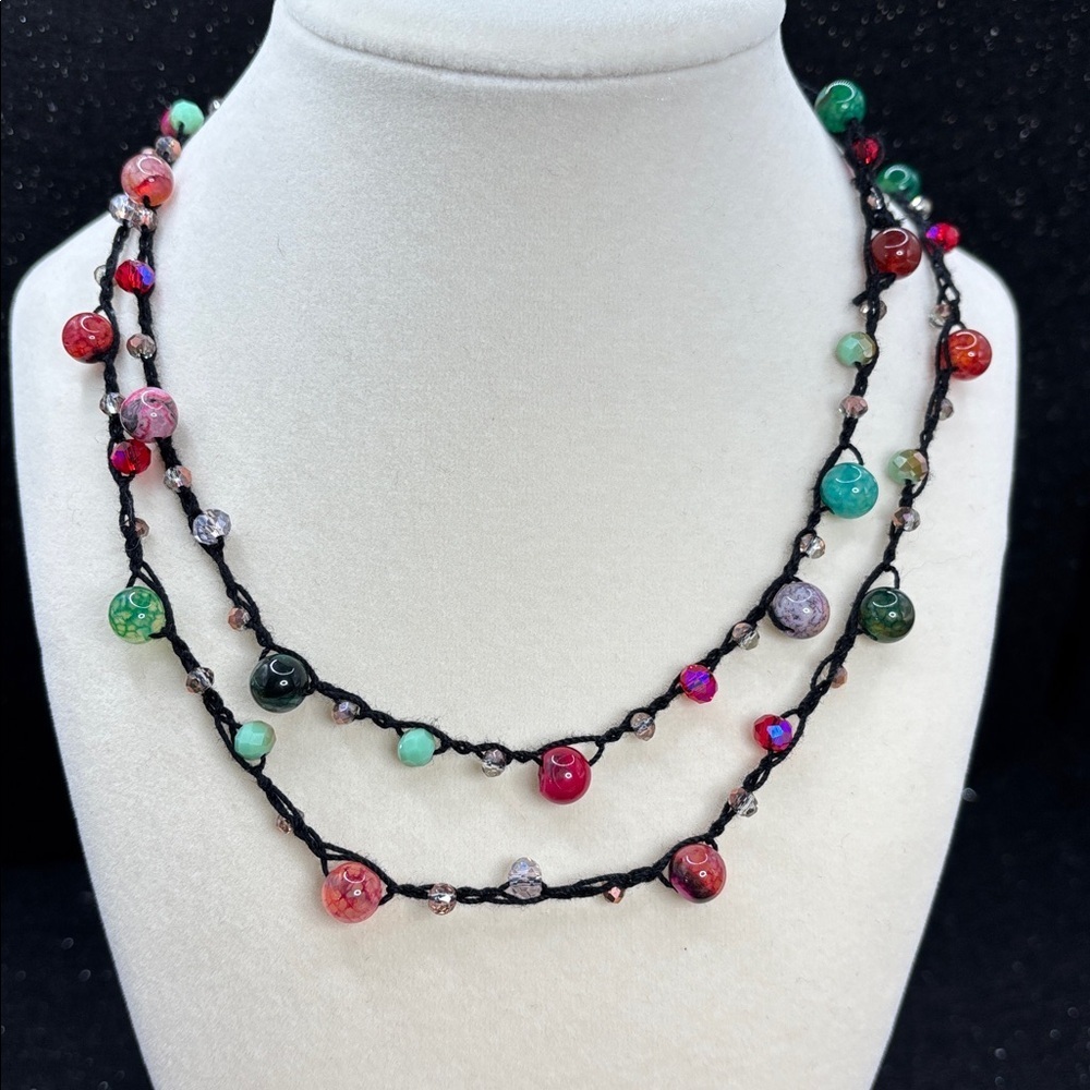 Handmade Rose Pendant Crochet Necklace | Dyed Agate & Glass Beads Adjustable 20” - Picture 5 of 8